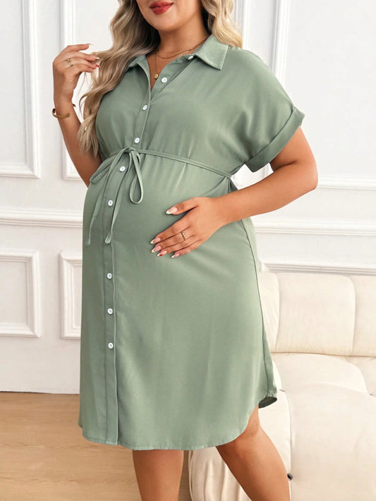 Plussiva Sage Green,Summer,Casual,Maternity Plus Size Front Button Shirt Dress For Pregnant Women,Solid Nursing Wear Office Pregnancy Clothes Wrap Dresses
