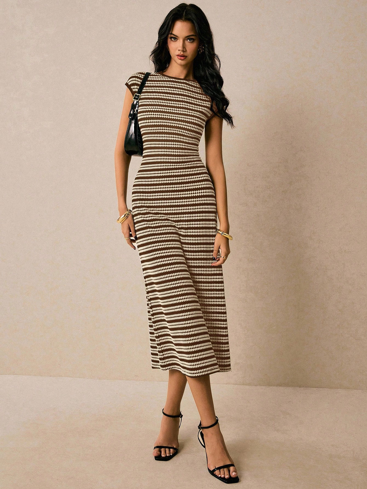 Poéselle Women's Brown Striped Round Neck Cap Sleeve Casual Elegant Dress, Dress For Women, Dress,Casual Dresses For Women Brunch Summer