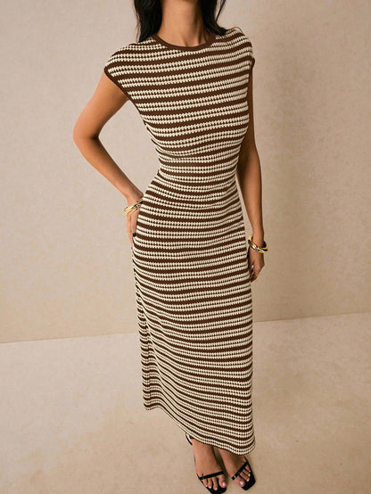 Poéselle Women's Brown Striped Round Neck Cap Sleeve Casual Elegant Dress, Dress For Women, Dress,Casual Dresses For Women Brunch Summer