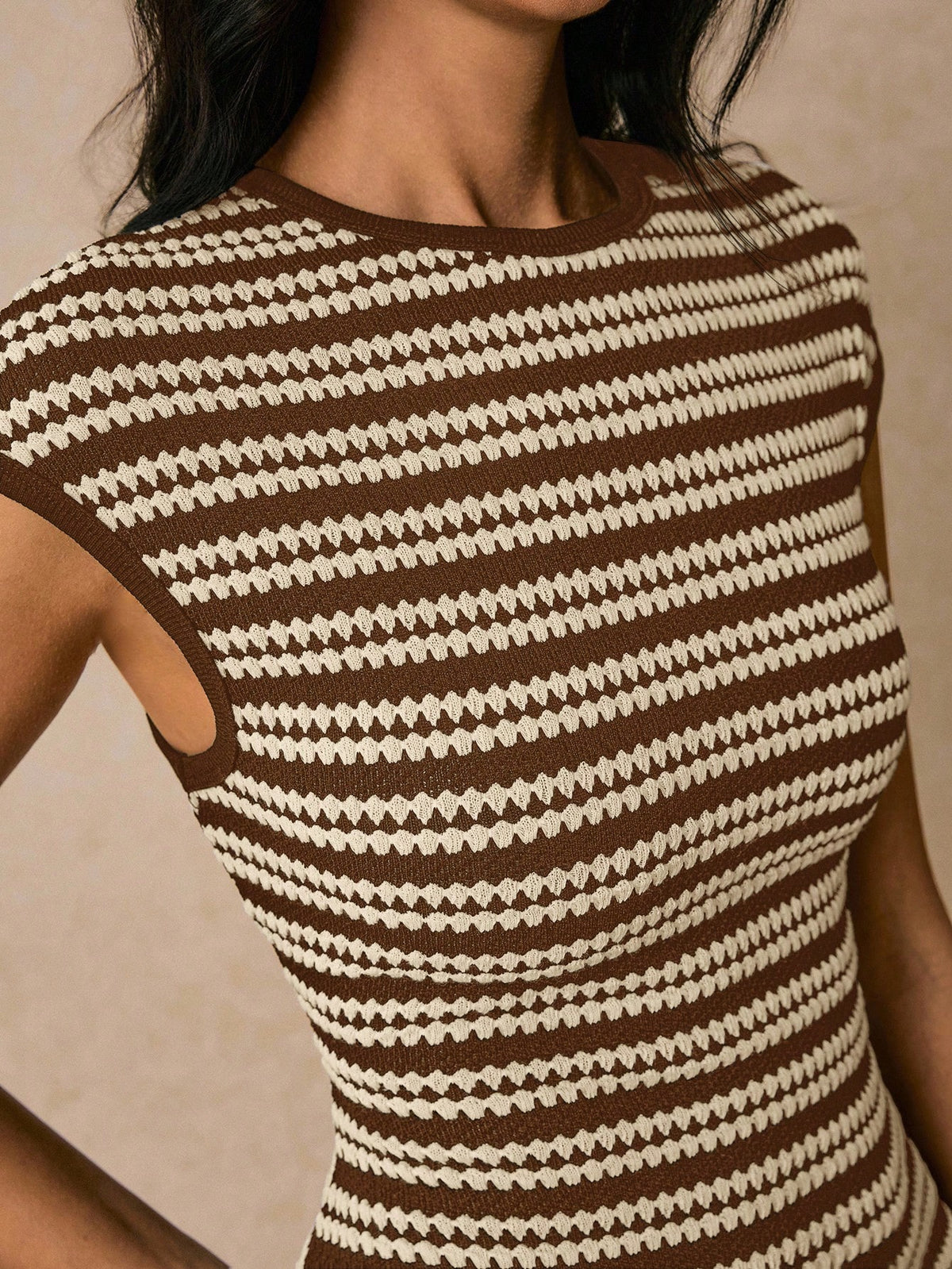 Poéselle Women's Brown Striped Round Neck Cap Sleeve Casual Elegant Dress, Dress For Women, Dress,Casual Dresses For Women Brunch Summer