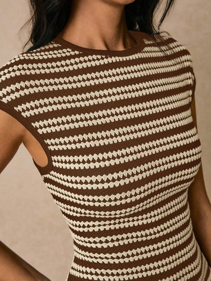 Poéselle Women's Brown Striped Round Neck Cap Sleeve Casual Elegant Dress, Dress For Women, Dress,Casual Dresses For Women Brunch Summer