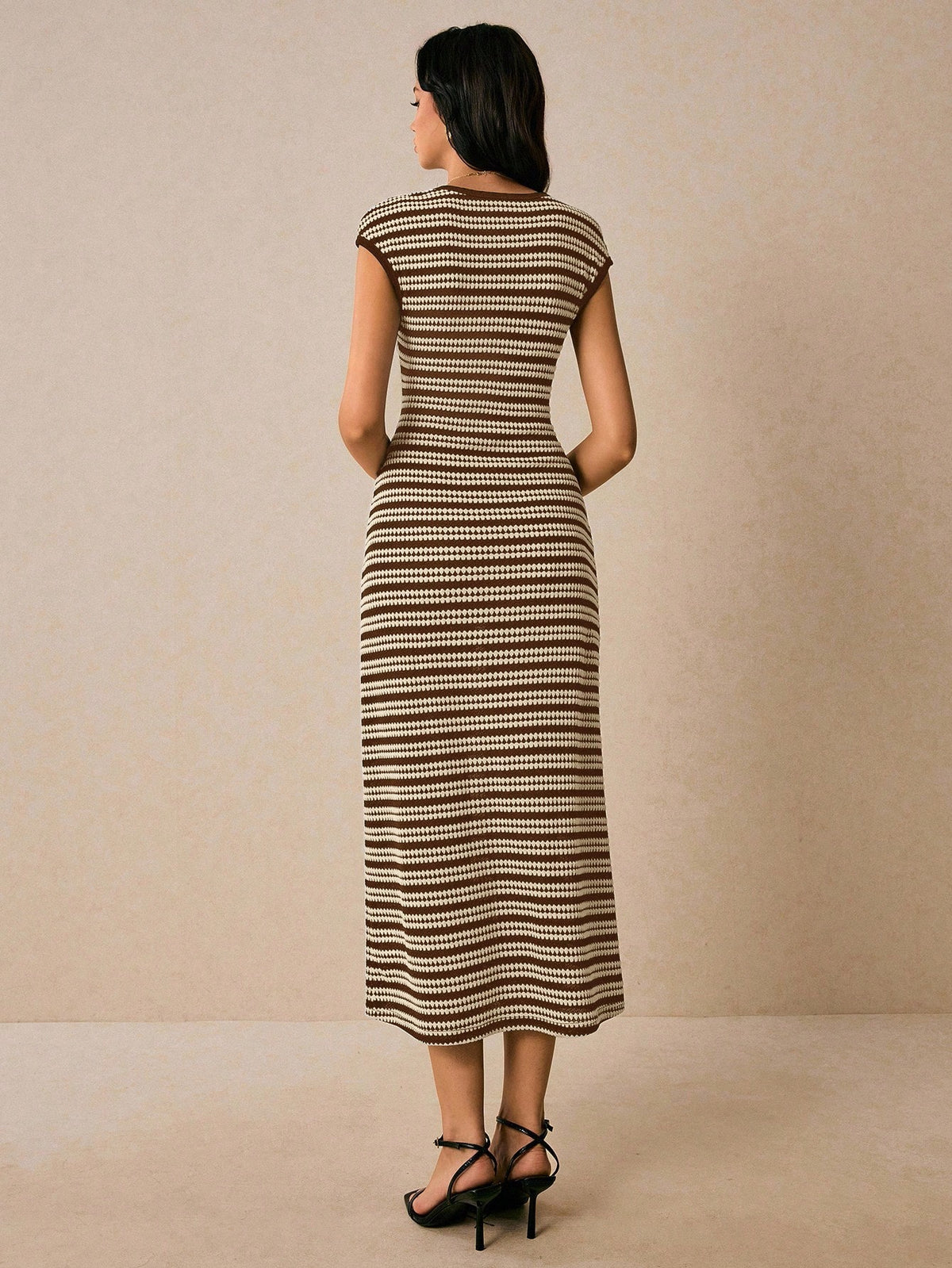 Poéselle Women's Brown Striped Round Neck Cap Sleeve Casual Elegant Dress, Dress For Women, Dress,Casual Dresses For Women Brunch Summer