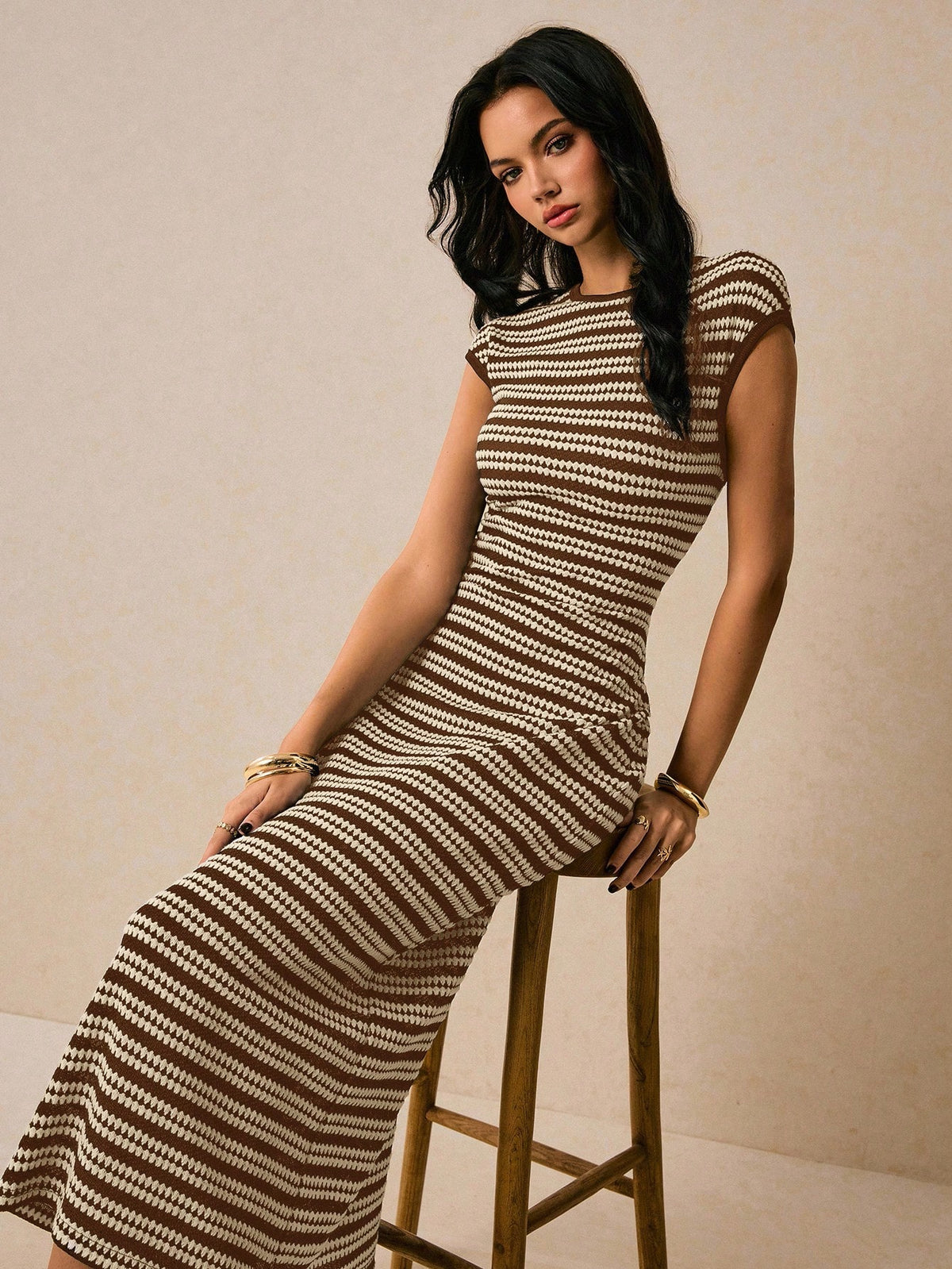 Poéselle Women's Brown Striped Round Neck Cap Sleeve Casual Elegant Dress, Dress For Women, Dress,Casual Dresses For Women Brunch Summer