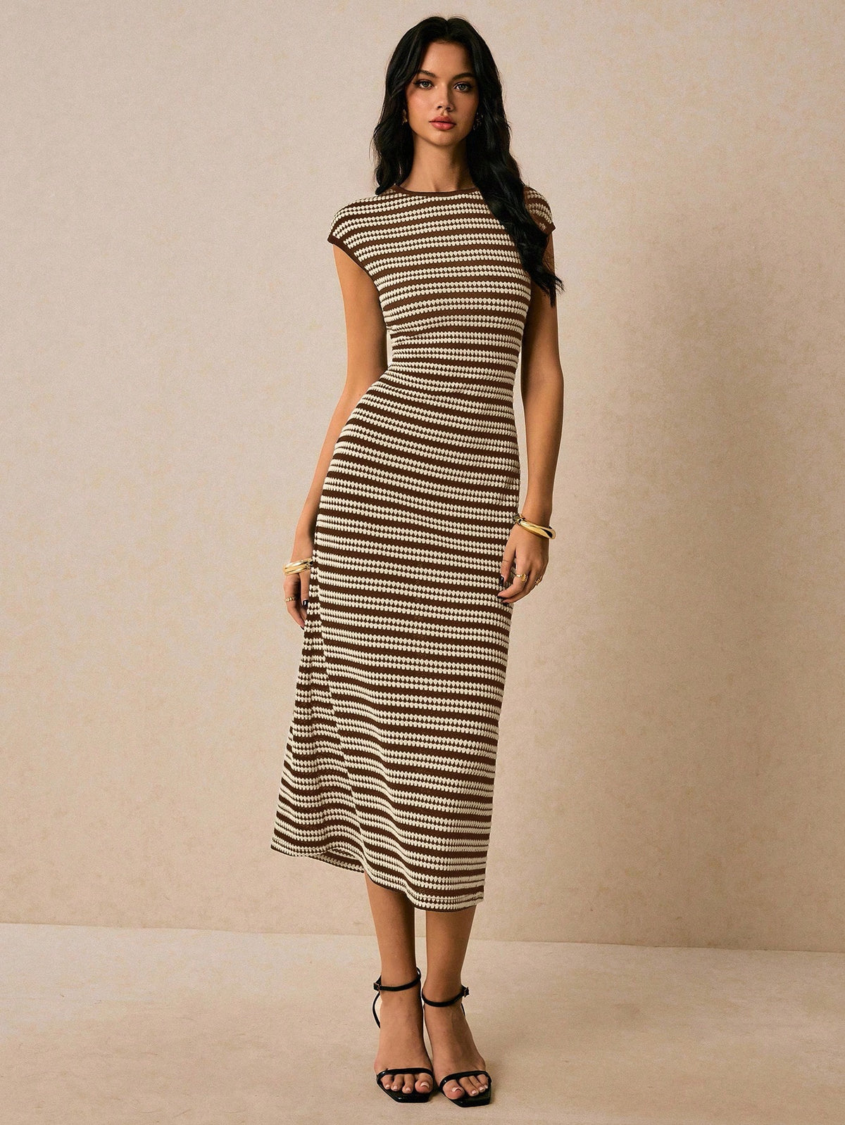 Poéselle Women's Brown Striped Round Neck Cap Sleeve Casual Elegant Dress, Dress For Women, Dress,Casual Dresses For Women Brunch Summer
