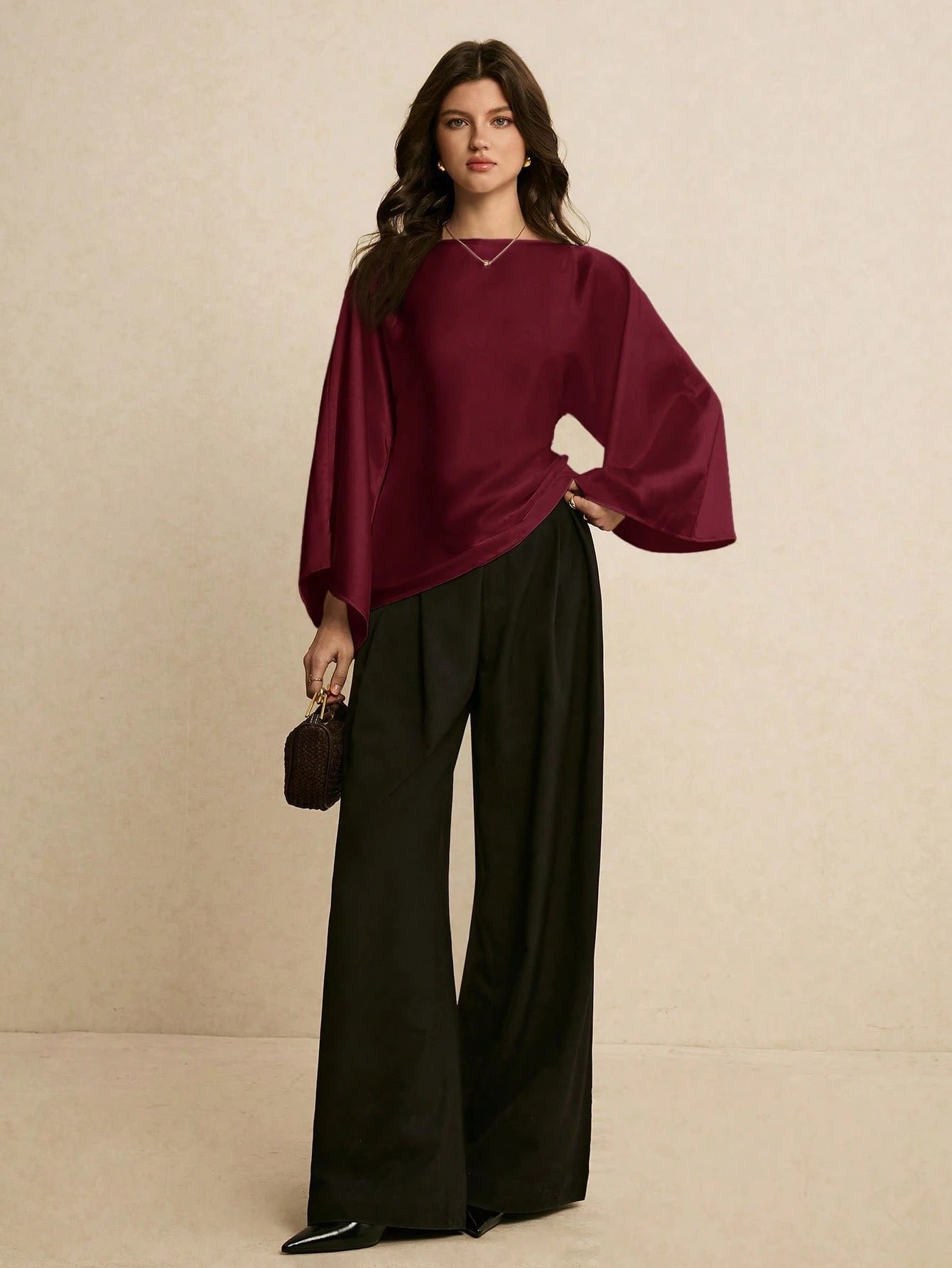 Poéselle Women's Elegant Commuter Solid Color Batwing Sleeve Blouse,Summer Top
