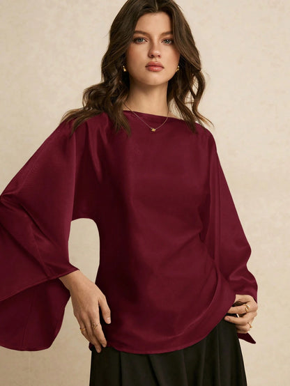 Poéselle Women's Elegant Commuter Solid Color Batwing Sleeve Blouse,Summer Top