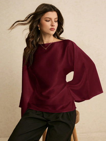 Poéselle Women's Elegant Commuter Solid Color Batwing Sleeve Blouse,Summer Top