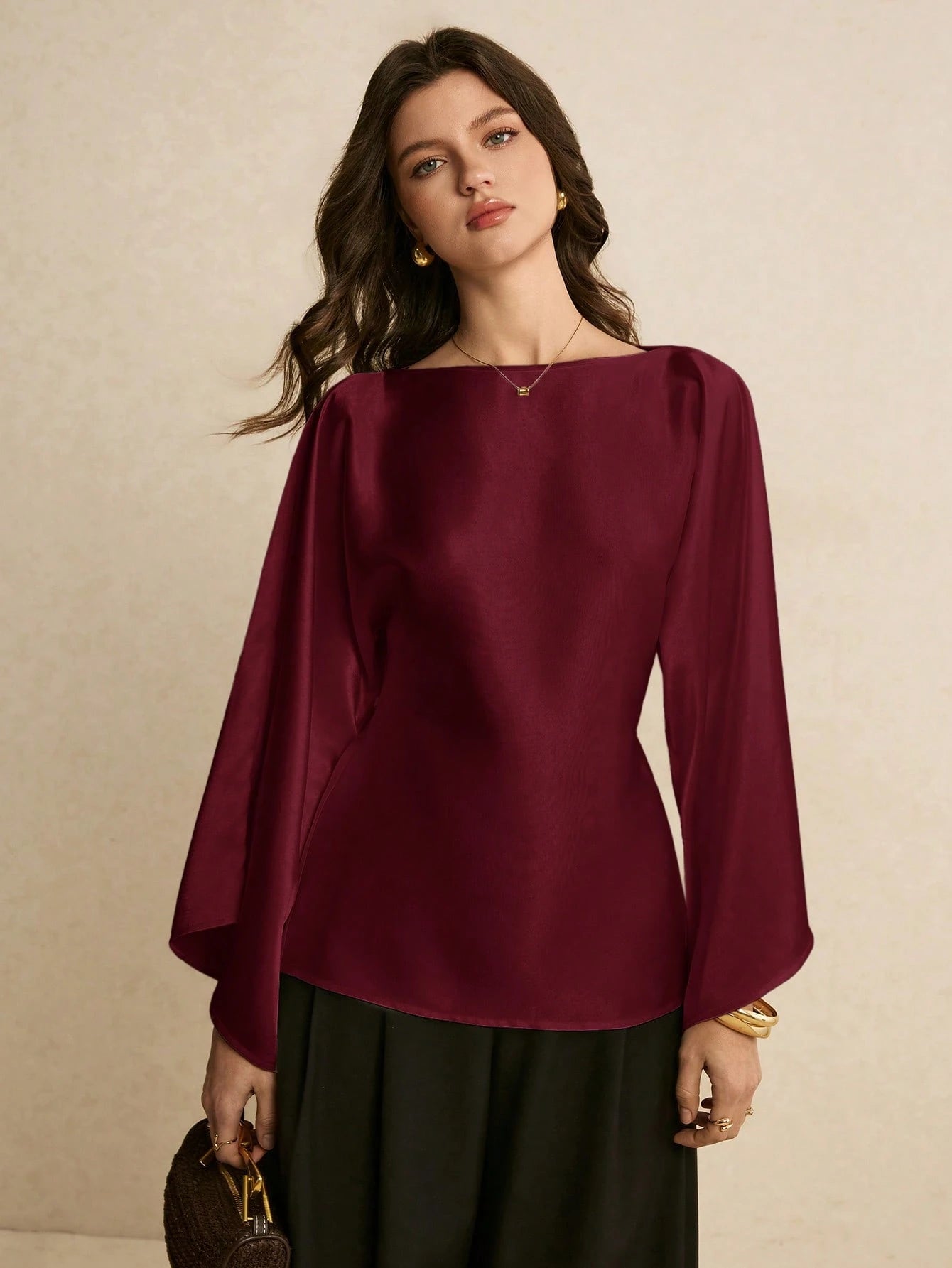 Poéselle Women's Elegant Commuter Solid Color Batwing Sleeve Blouse,Summer Top