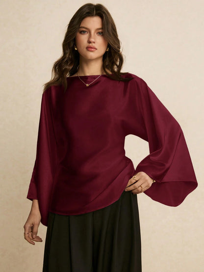 Poéselle Women's Elegant Commuter Solid Color Batwing Sleeve Blouse,Summer Top