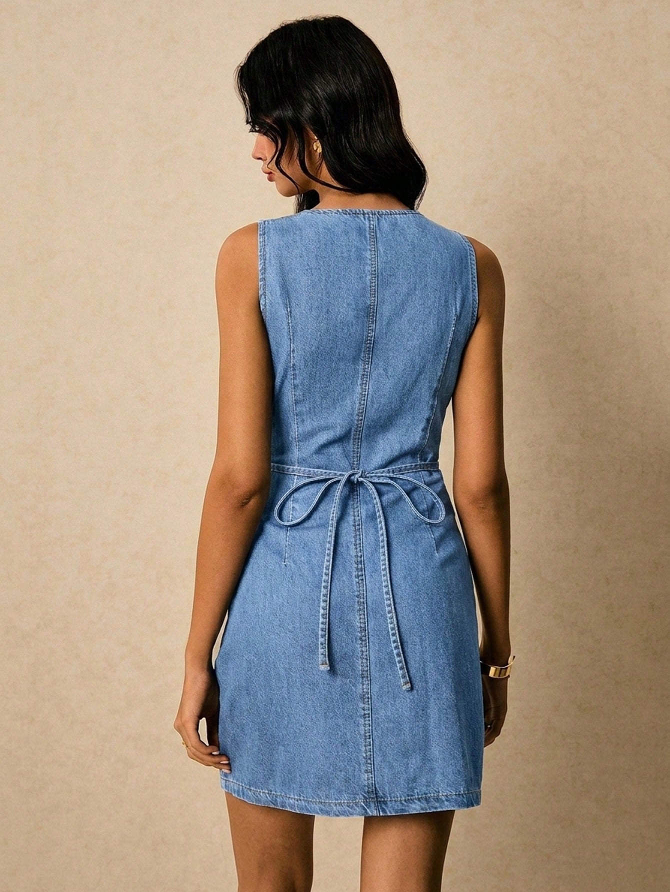 Poéselle Women's Summer Casual Front Button V-Neck Sleeveless Denim Dress