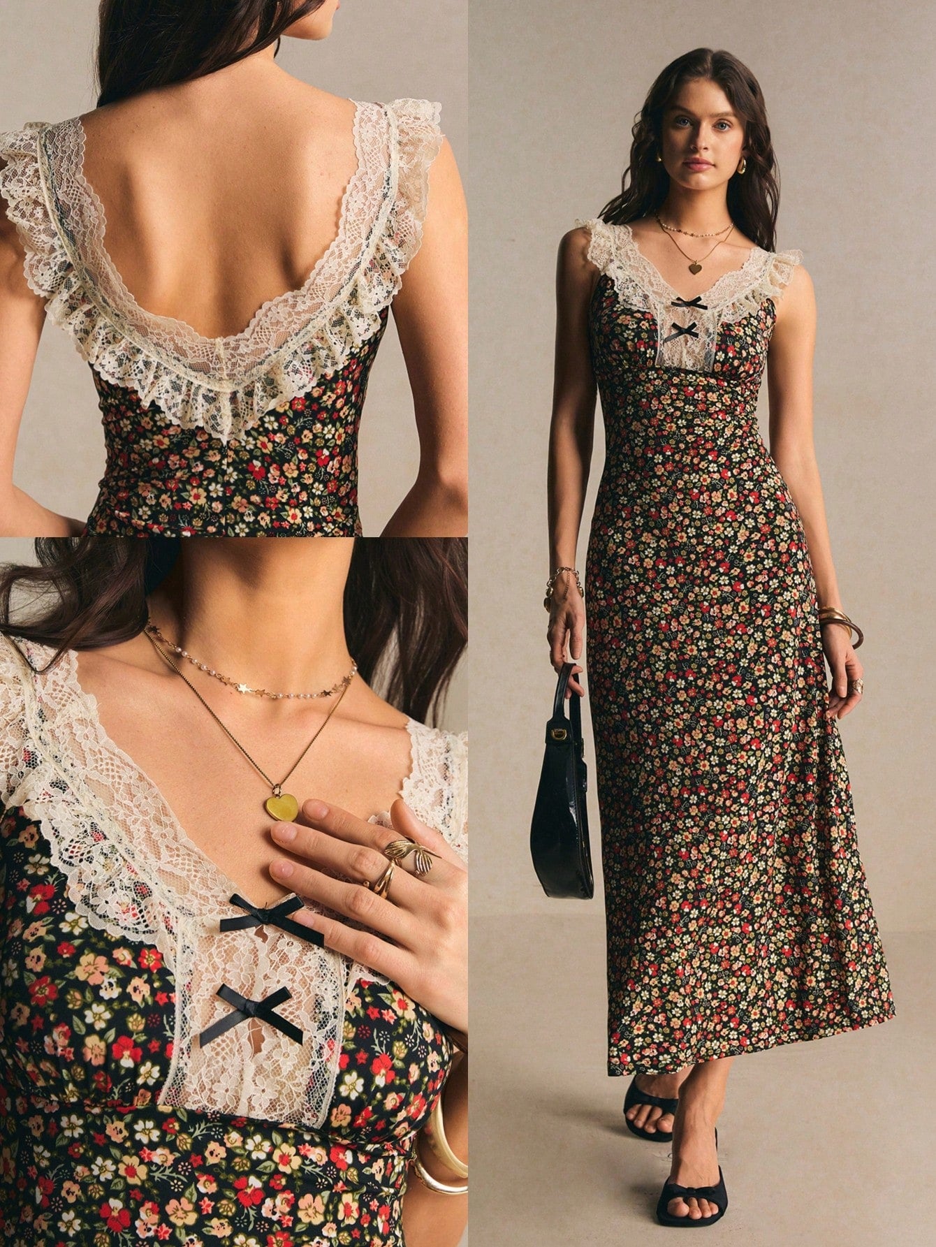 Poéselle Women's Vintage Romantic Old Money Black Floral Ditsy Contrast Lace Sleeveless Waist Cinched Dress,Summer Cottage Core Tea Party Vacation Elegant