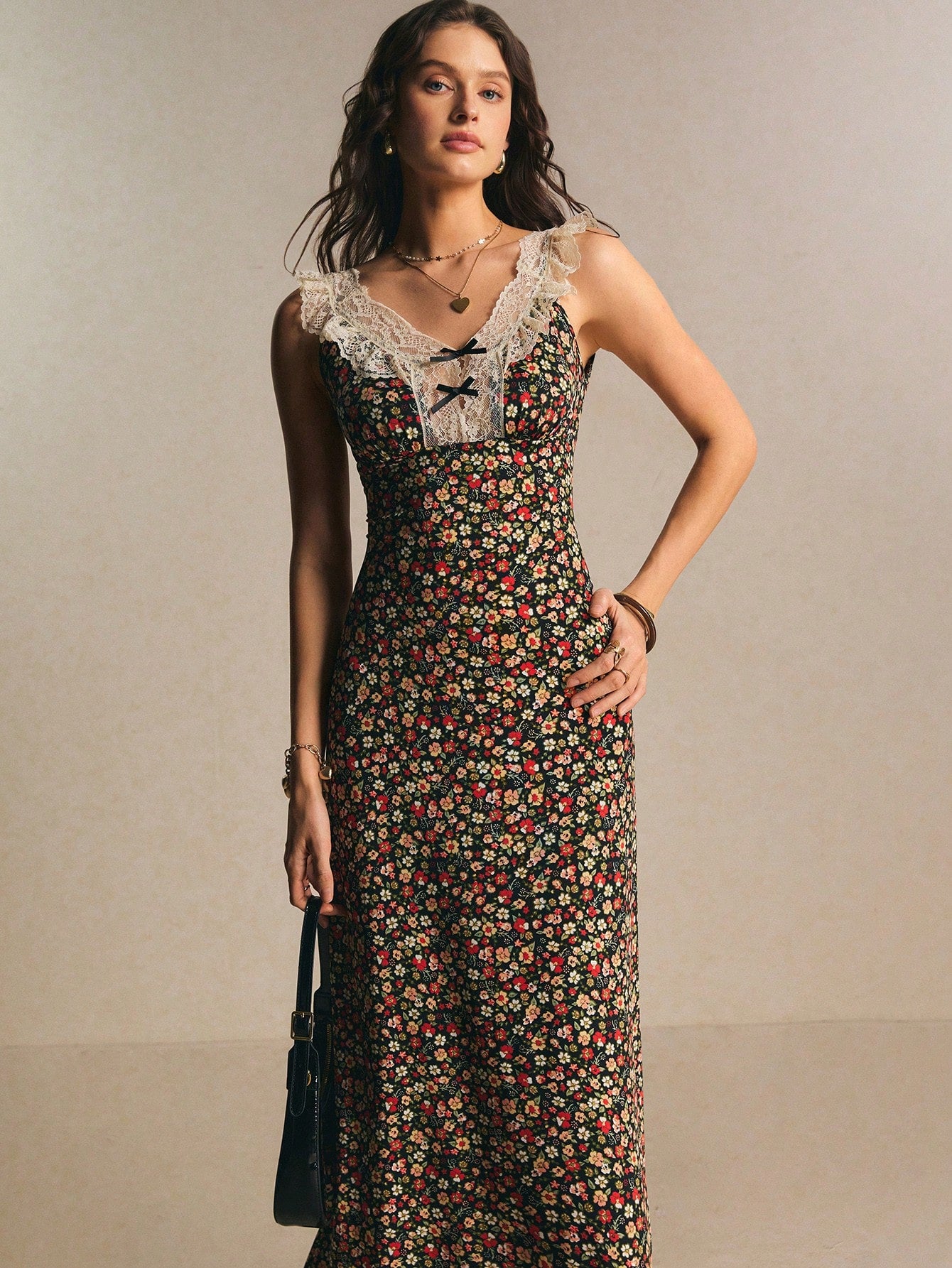 Poéselle Women's Vintage Romantic Old Money Black Floral Ditsy Contrast Lace Sleeveless Waist Cinched Dress,Summer Cottage Core Tea Party Vacation Elegant