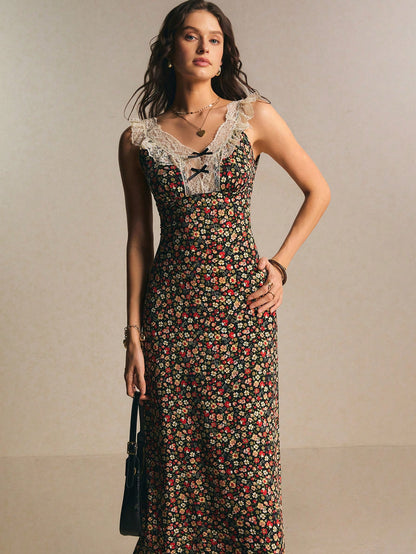 Poéselle Women's Vintage Romantic Old Money Black Floral Ditsy Contrast Lace Sleeveless Waist Cinched Dress,Summer Cottage Core Tea Party Vacation Elegant