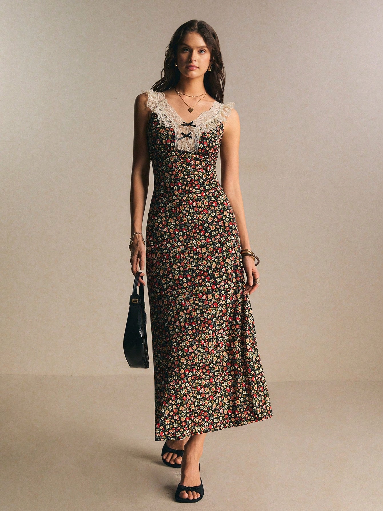 Poéselle Women's Vintage Romantic Old Money Black Floral Ditsy Contrast Lace Sleeveless Waist Cinched Dress,Summer Cottage Core Tea Party Vacation Elegant