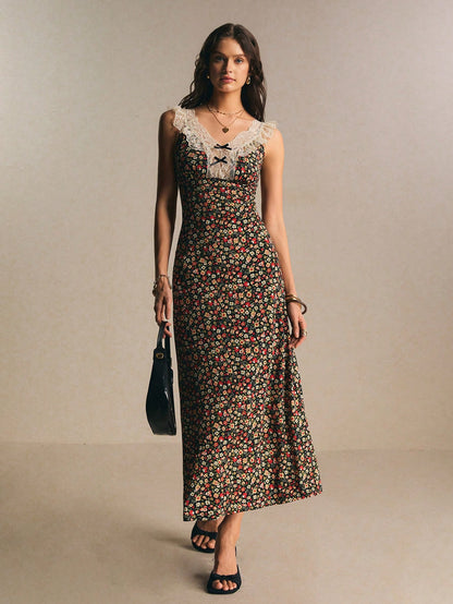 Poéselle Women's Vintage Romantic Old Money Black Floral Ditsy Contrast Lace Sleeveless Waist Cinched Dress,Summer Cottage Core Tea Party Vacation Elegant