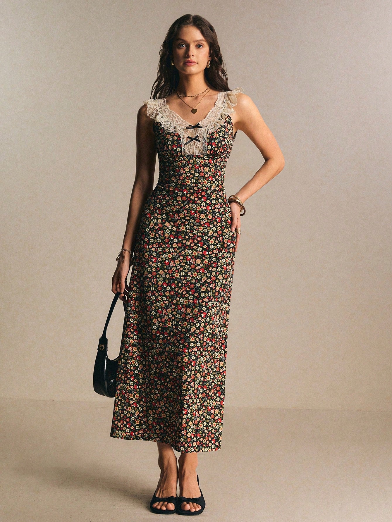 Poéselle Women's Vintage Romantic Old Money Black Floral Ditsy Contrast Lace Sleeveless Waist Cinched Dress,Summer Cottage Core Tea Party Vacation Elegant