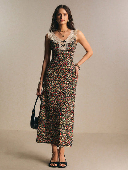 Poéselle Women's Vintage Romantic Old Money Black Floral Ditsy Contrast Lace Sleeveless Waist Cinched Dress,Summer Cottage Core Tea Party Vacation Elegant