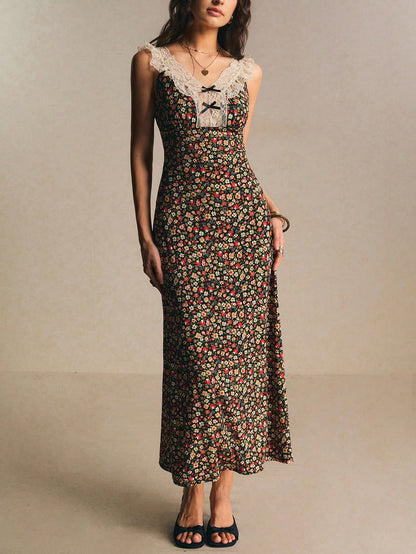 Poéselle Women's Vintage Romantic Old Money Black Floral Ditsy Contrast Lace Sleeveless Waist Cinched Dress,Summer Cottage Core Tea Party Vacation Elegant