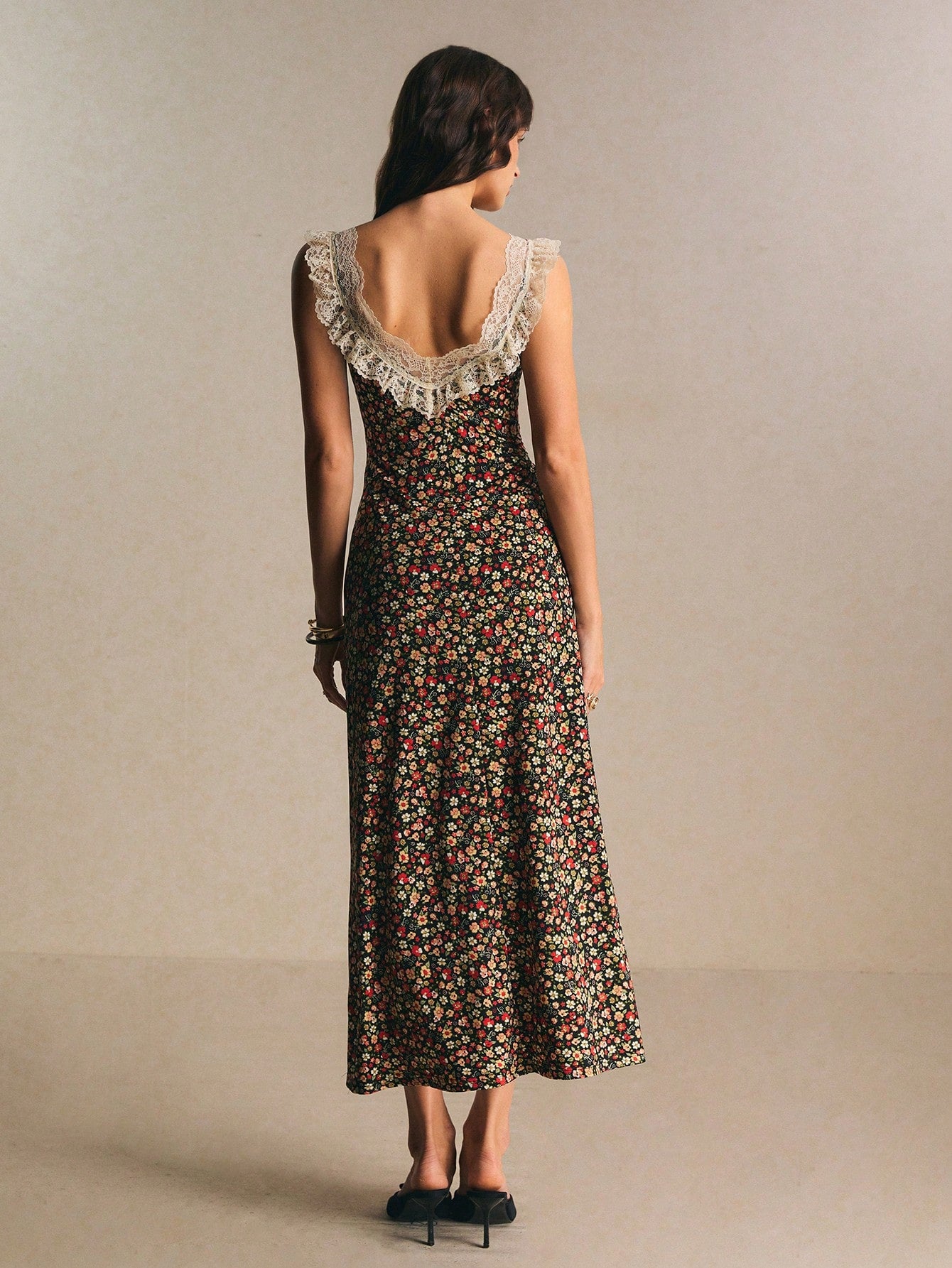 Poéselle Women's Vintage Romantic Old Money Black Floral Ditsy Contrast Lace Sleeveless Waist Cinched Dress,Summer Cottage Core Tea Party Vacation Elegant