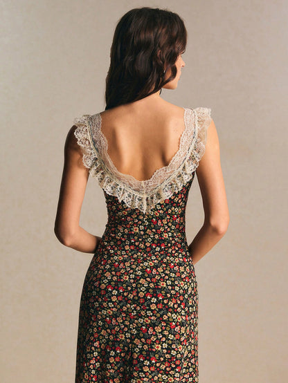 Poéselle Women's Vintage Romantic Old Money Black Floral Ditsy Contrast Lace Sleeveless Waist Cinched Dress,Summer Cottage Core Tea Party Vacation Elegant