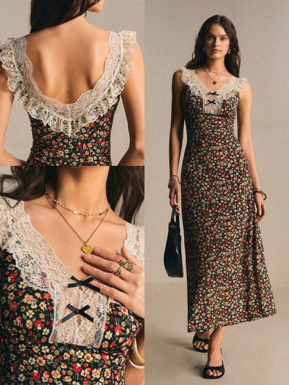 Poéselle Women's Vintage Romantic Old Money Black Floral Ditsy Contrast Lace Sleeveless Waist Cinched Dress,Summer Cottage Core Tea Party Vacation Elegant