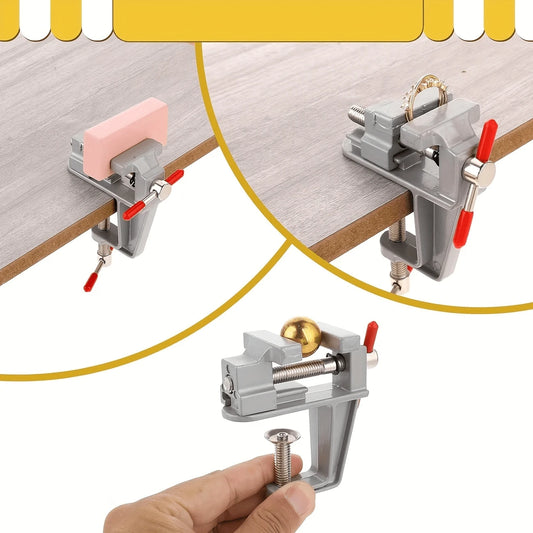 Portable Mini Jewelry Table Vise- Aluminum Clip-On Table Clamp For Crafts, Woodworking And Metalworking, Non-Tracking Positioning Pliers, Gray With Red Handles, Compact Design, Home Use