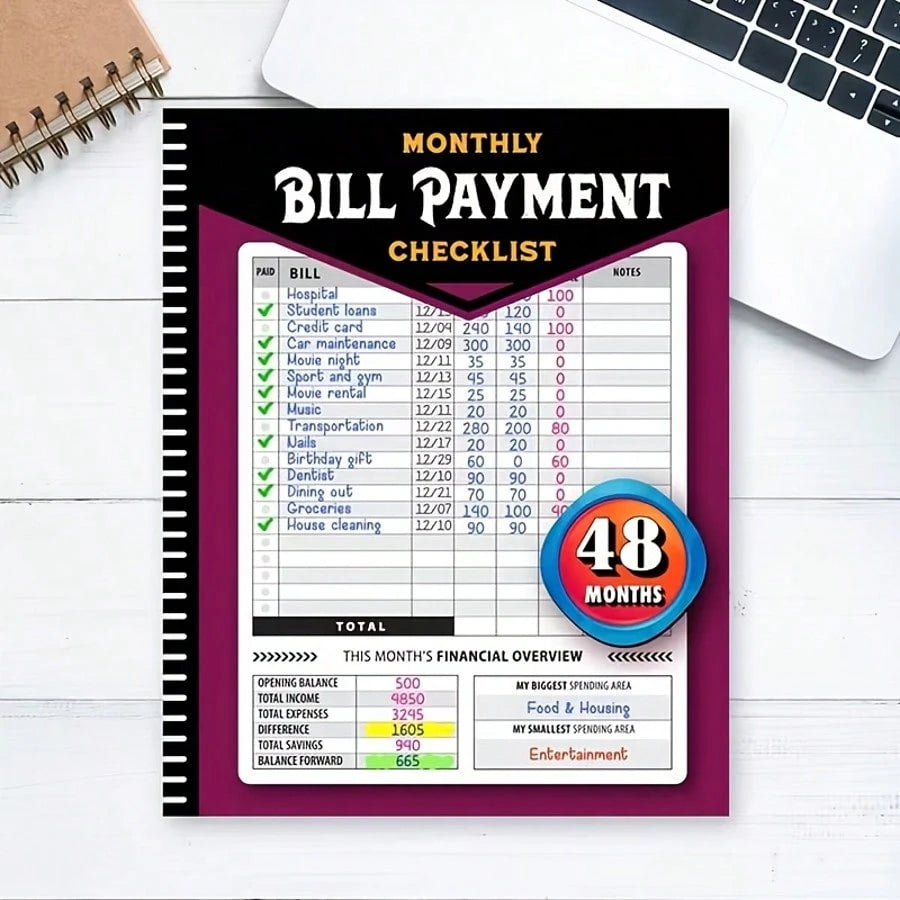 Practical 4-Year 48-Month Monthly Bill Tracker Notebook, Family Financial Budget Planner Journal For Expense Payment Log & Debt Repayment Planning, Household Money Management Organizer, Free Gift 2 St