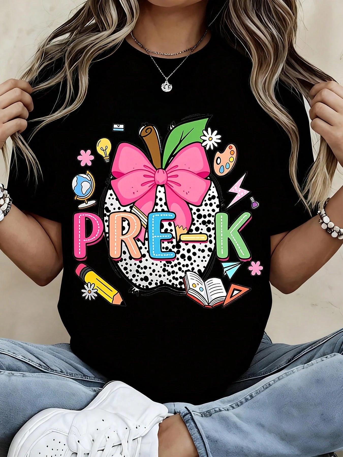 Pre K Teacher T Shirt Black Apple With Pink Bow And School Supplies Print For Preschool Teachers And Students