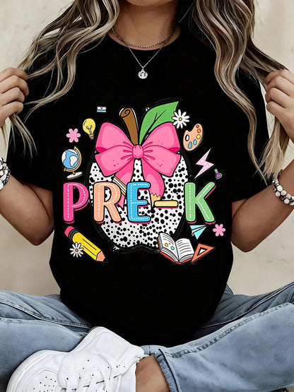 Pre K Teacher T Shirt Black Apple With Pink Bow And School Supplies Print For Preschool Teachers And Students