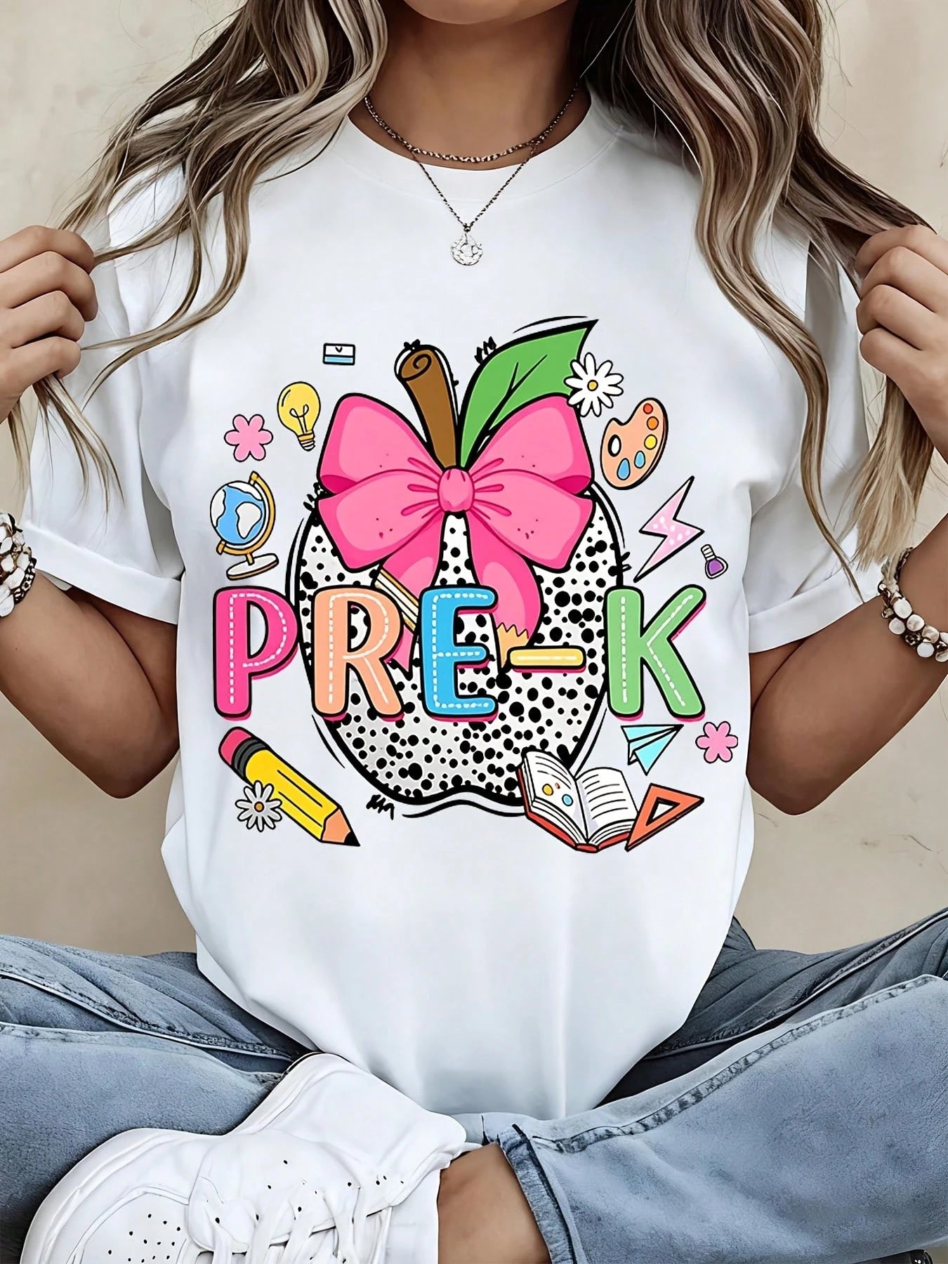 Pre K Teacher T Shirt Black Apple With Pink Bow And School Supplies Print For Preschool Teachers And Students