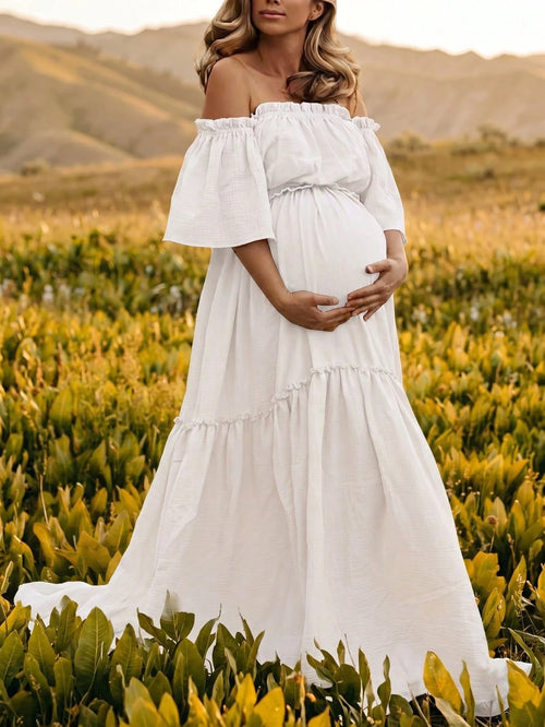 Pregnant Women Off-Shoulder Layered Short Sleeve Chiffon Fabric Slightly Elastic Long Dress, Ruffle Hem Train Skirt White