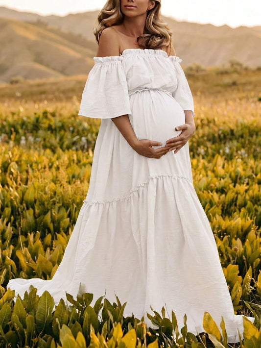 Pregnant Women Off-Shoulder Layered Short Sleeve Chiffon Fabric Slightly Elastic Long Dress, Ruffle Hem Train Skirt White