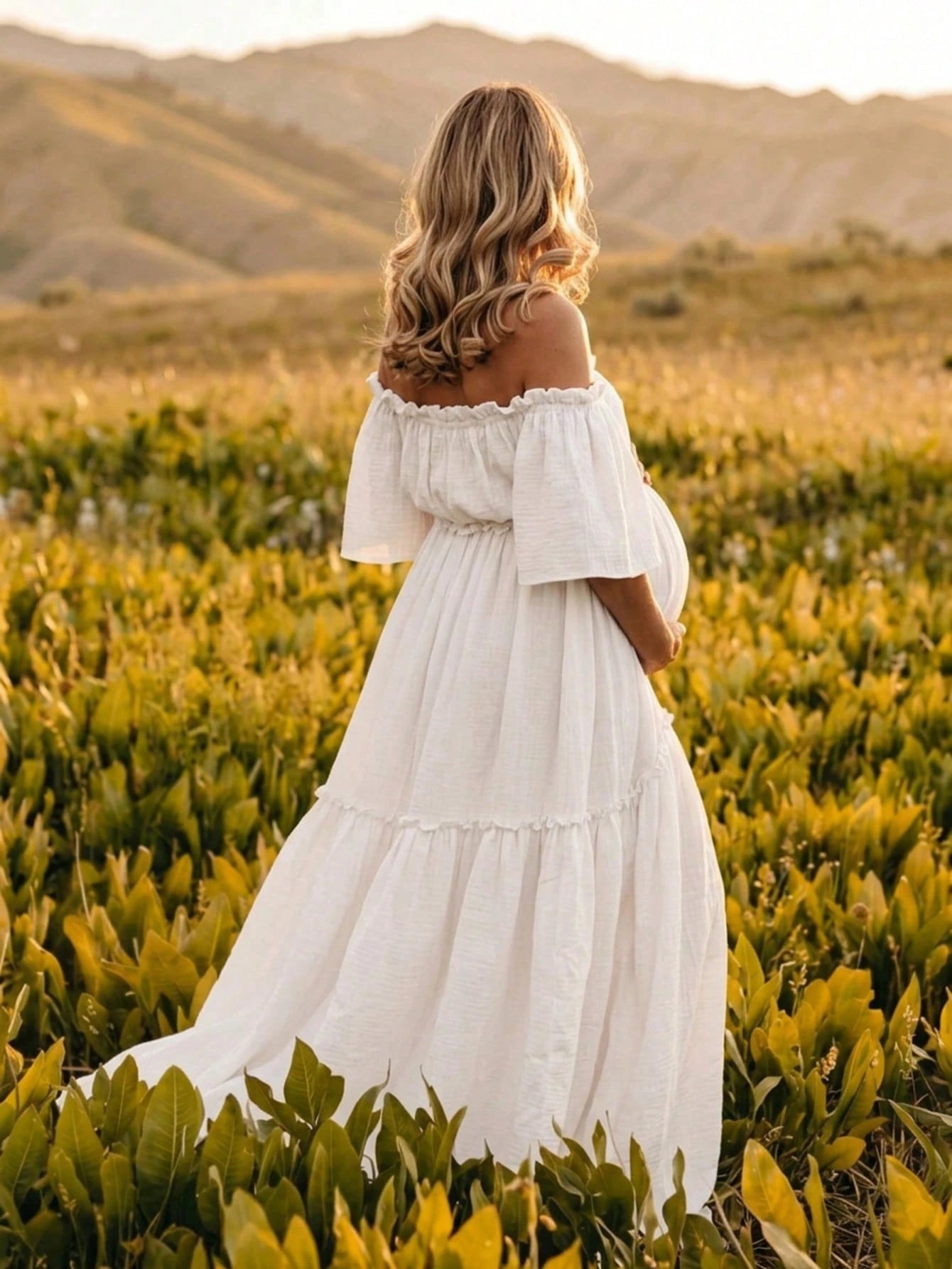 Pregnant Women Off-Shoulder Layered Short Sleeve Chiffon Fabric Slightly Elastic Long Dress, Ruffle Hem Train Skirt White