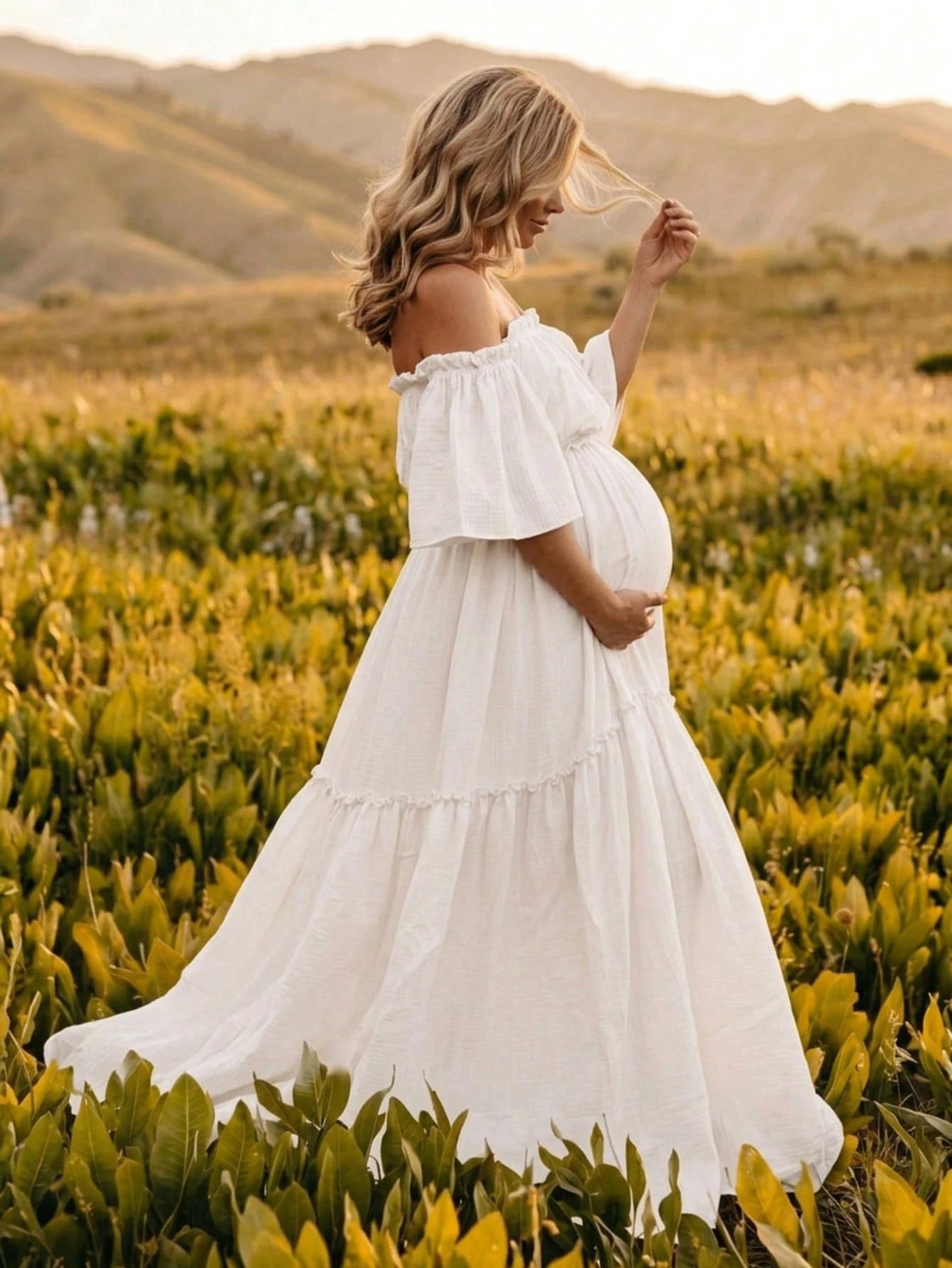Pregnant Women Off-Shoulder Layered Short Sleeve Chiffon Fabric Slightly Elastic Long Dress, Ruffle Hem Train Skirt White