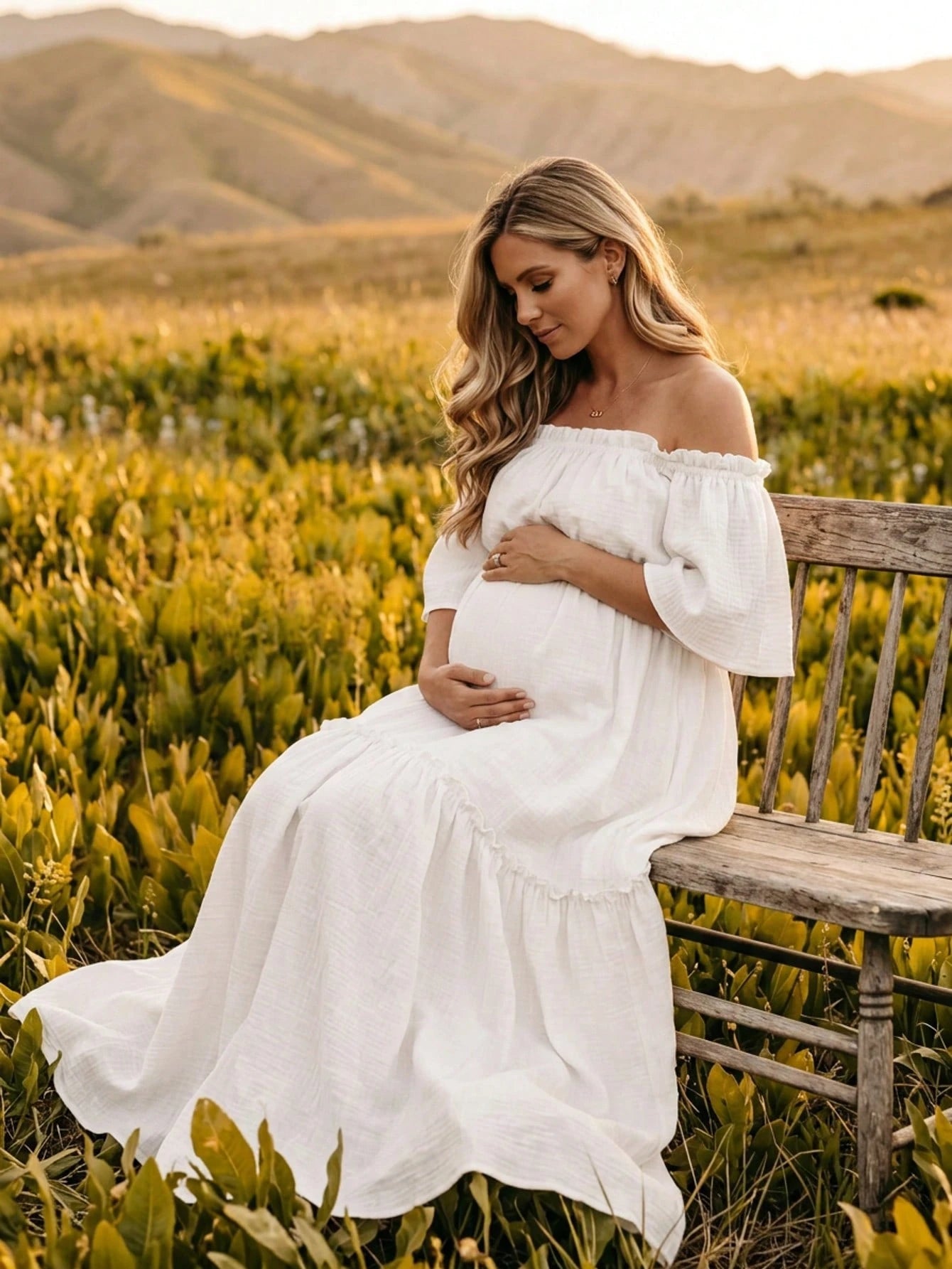 Pregnant Women Off-Shoulder Layered Short Sleeve Chiffon Fabric Slightly Elastic Long Dress, Ruffle Hem Train Skirt White