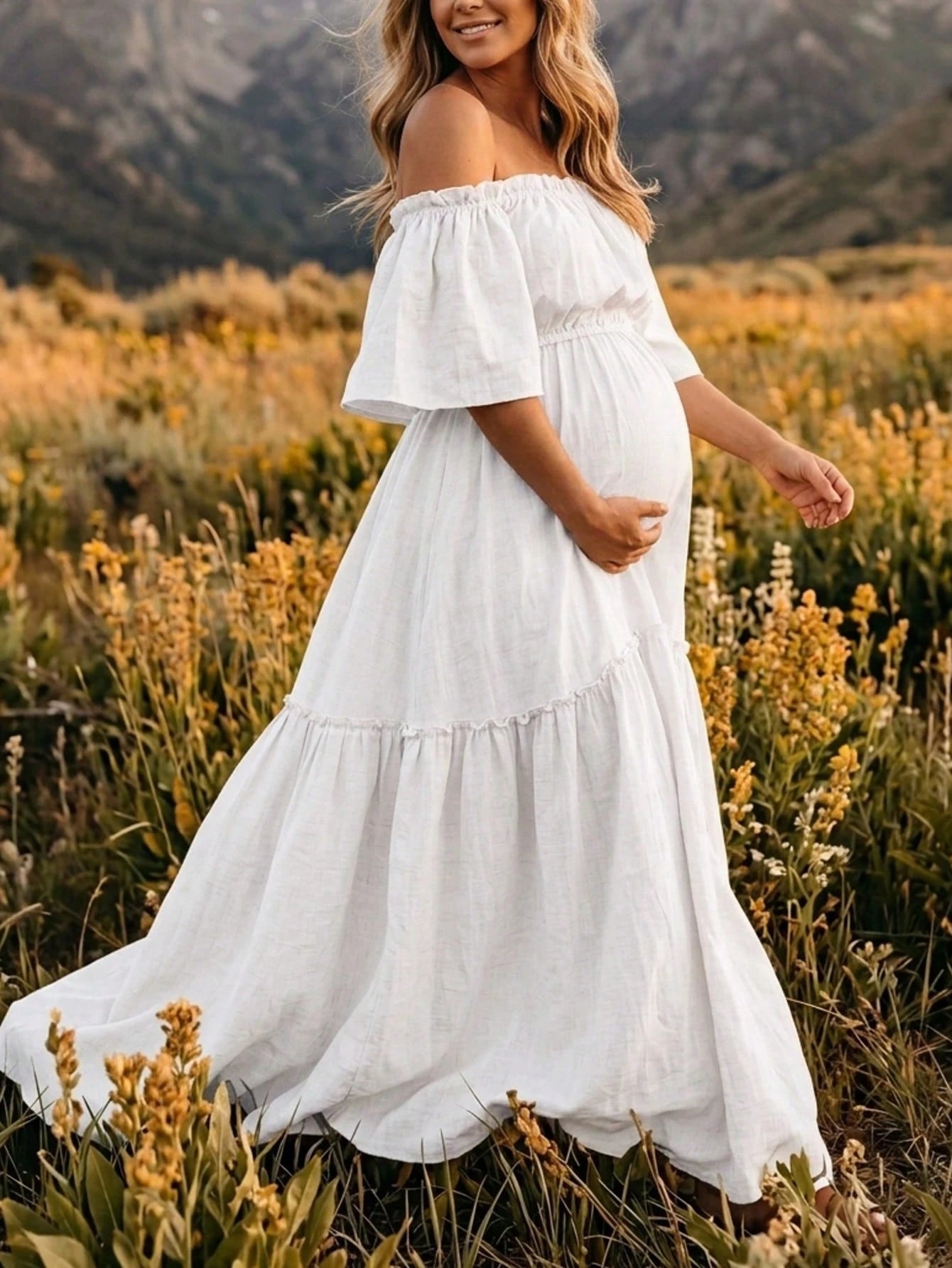 Pregnant Women Off-Shoulder Layered Short Sleeve Chiffon Fabric Slightly Elastic Long Dress, Ruffle Hem Train Skirt White
