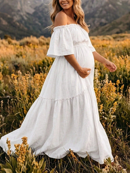 Pregnant Women Off-Shoulder Layered Short Sleeve Chiffon Fabric Slightly Elastic Long Dress, Ruffle Hem Train Skirt White