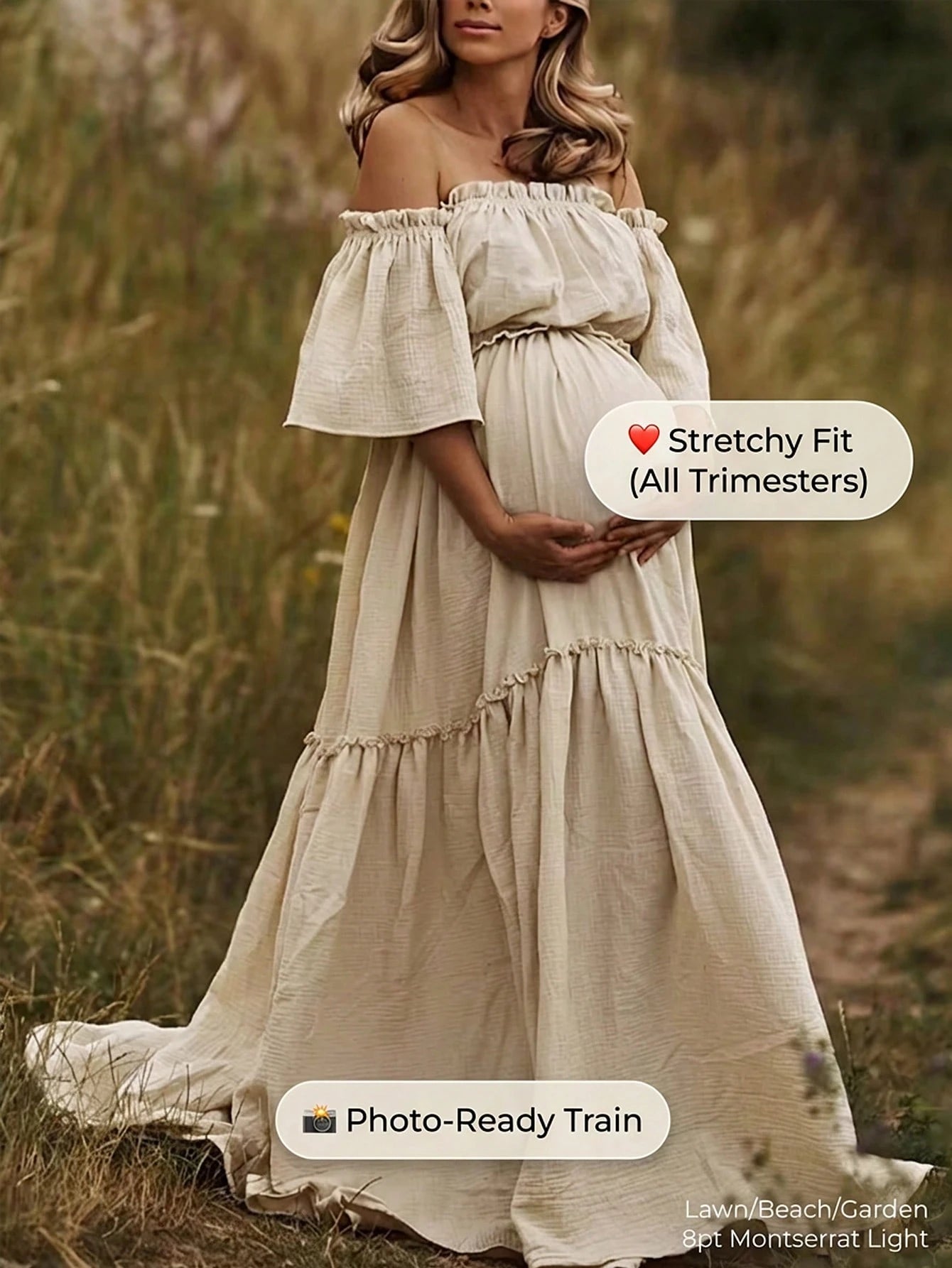 Pregnant Women Off-Shoulder Layered Short Sleeve Chiffon Fabric Slightly Elastic Long Dress, Ruffle Hem Train Skirt White