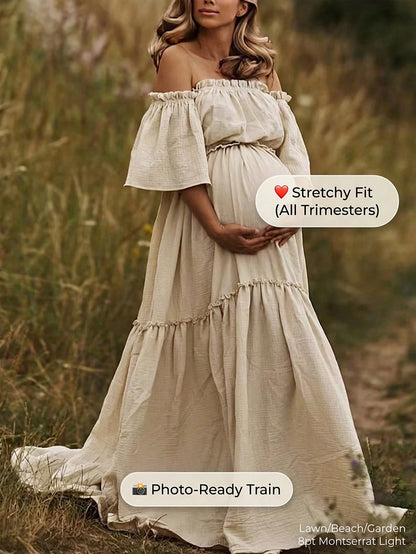 Pregnant Women Off-Shoulder Layered Short Sleeve Chiffon Fabric Slightly Elastic Long Dress, Ruffle Hem Train Skirt White