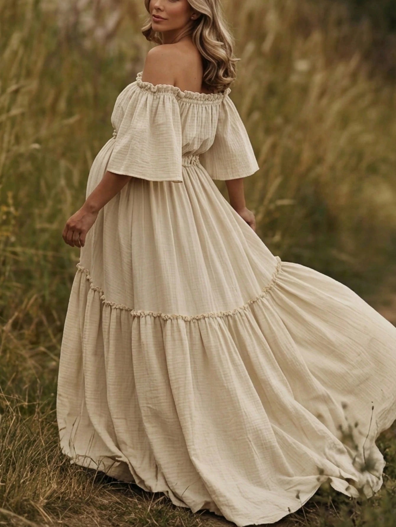 Pregnant Women Off-Shoulder Layered Short Sleeve Chiffon Fabric Slightly Elastic Long Dress, Ruffle Hem Train Skirt White