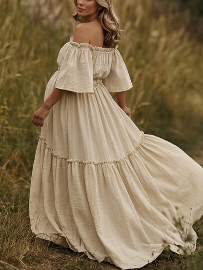 Pregnant Women Off-Shoulder Layered Short Sleeve Chiffon Fabric Slightly Elastic Long Dress, Ruffle Hem Train Skirt White