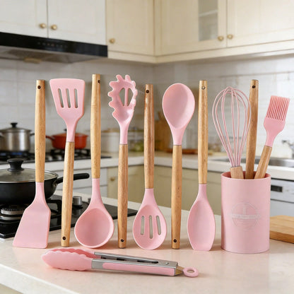 Premium 12-Piece Silicone Kitchen Utensil Set With Storage Bucket, Heat Resistant Cooking Tools With Natural Wooden Handles, Non-Scratch Cookware Accessories, Kitchen Gadgets For Home Cooking, Compati