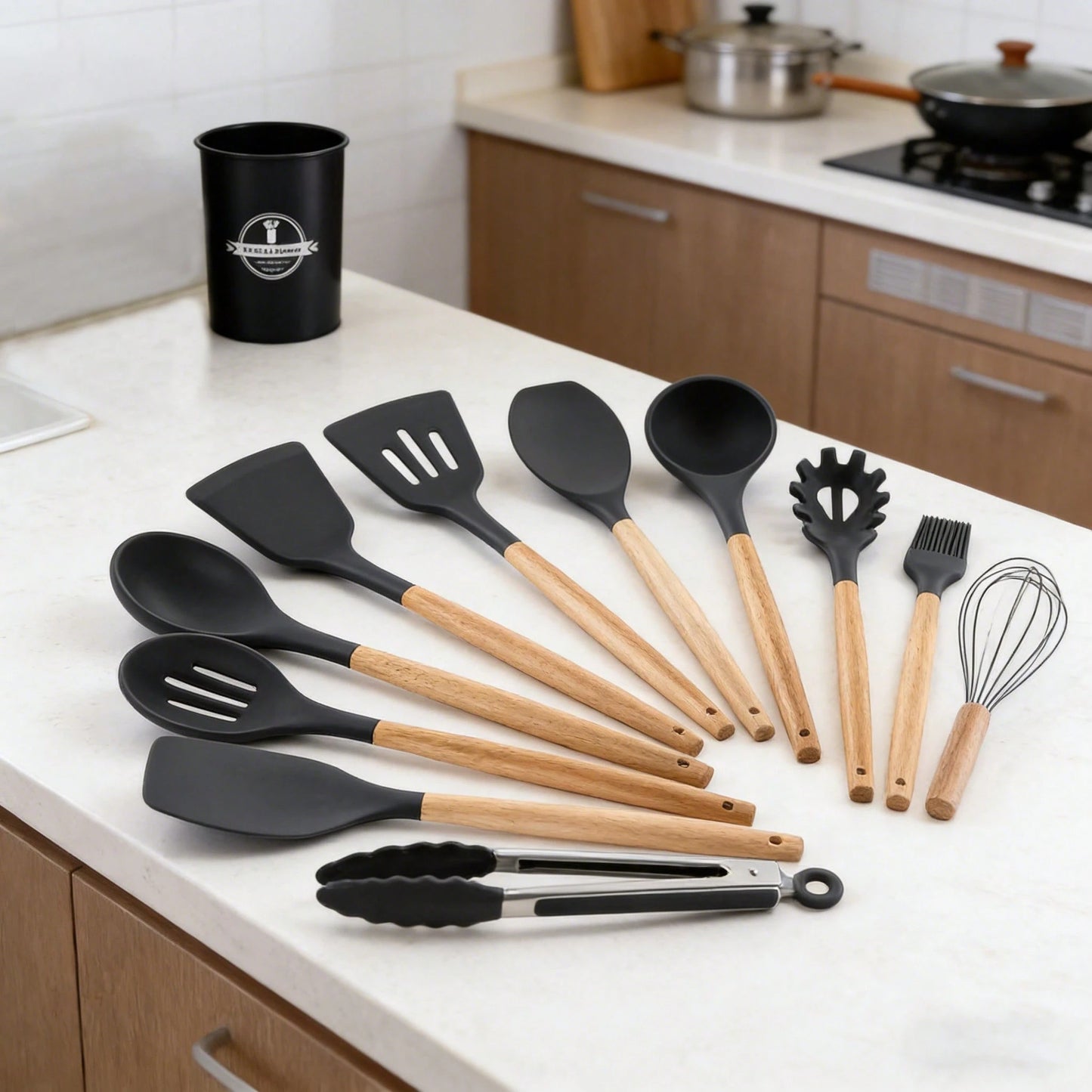 Premium 12-Piece Silicone Kitchen Utensil Set With Storage Bucket, Heat Resistant Cooking Tools With Natural Wooden Handles, Non-Scratch Cookware Accessories, Kitchen Gadgets For Home Cooking, Compati