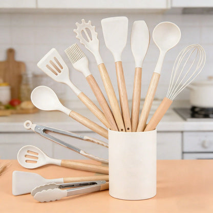Premium 12-Piece Silicone Kitchen Utensil Set With Storage Bucket, Heat Resistant Cooking Tools With Natural Wooden Handles, Non-Scratch Cookware Accessories, Kitchen Gadgets For Home Cooking, Compati