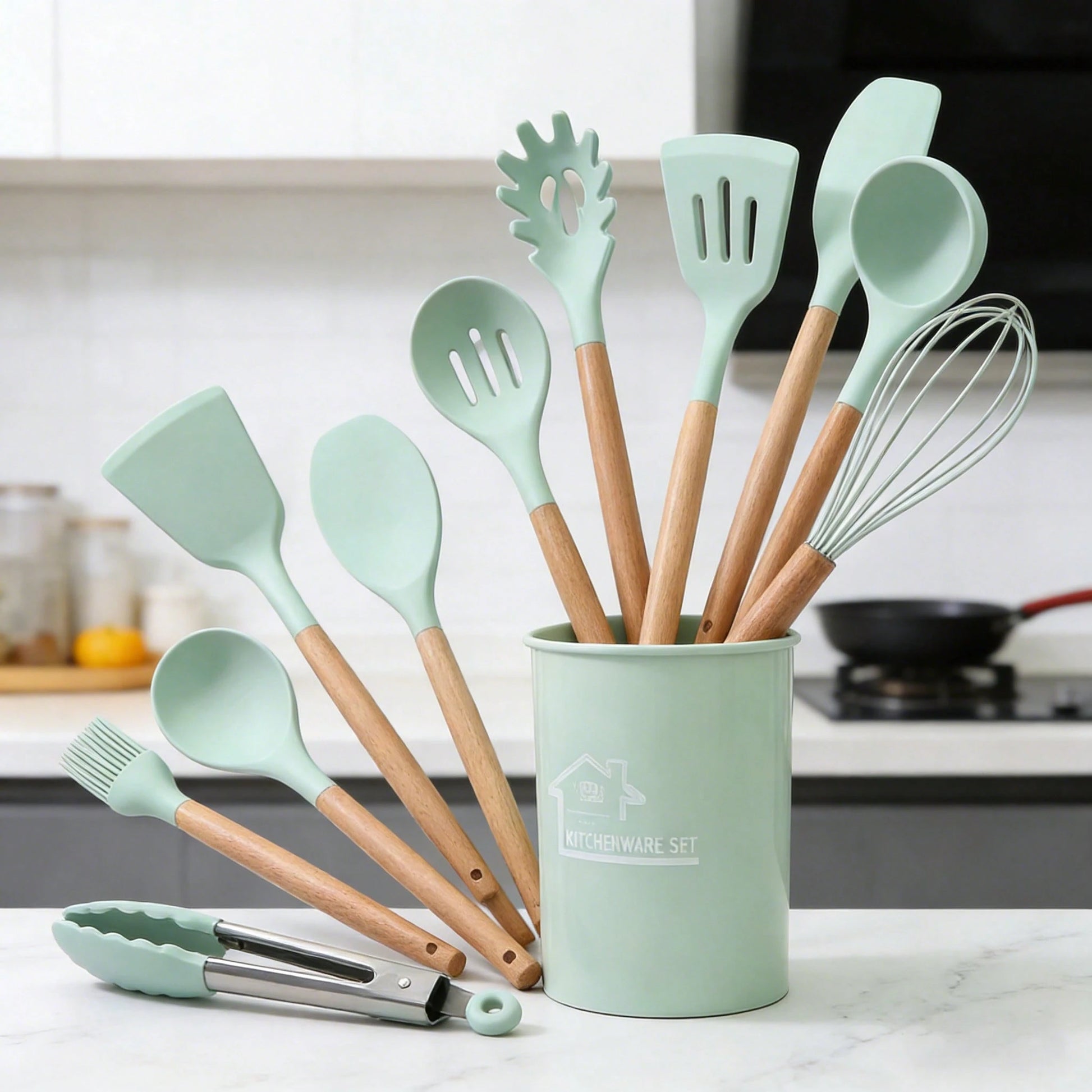 Premium 12-Piece Silicone Kitchen Utensil Set With Storage Bucket, Heat Resistant Cooking Tools With Natural Wooden Handles, Non-Scratch Cookware Accessories, Kitchen Gadgets For Home Cooking, Compati