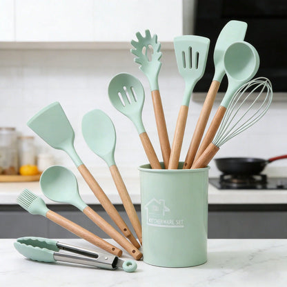 Premium 12-Piece Silicone Kitchen Utensil Set With Storage Bucket, Heat Resistant Cooking Tools With Natural Wooden Handles, Non-Scratch Cookware Accessories, Kitchen Gadgets For Home Cooking, Compati