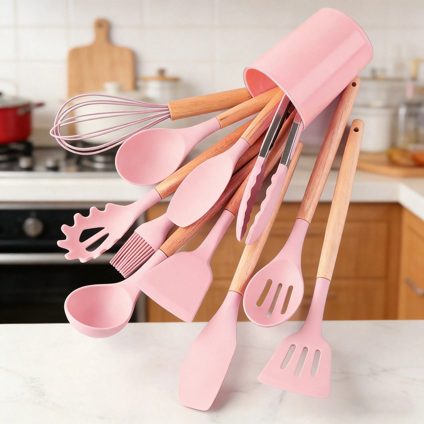 Premium 12-Piece Silicone Kitchen Utensil Set With Storage Bucket, Heat Resistant Cooking Tools With Natural Wooden Handles, Non-Scratch Cookware Accessories, Kitchen Gadgets For Home Cooking, Compati