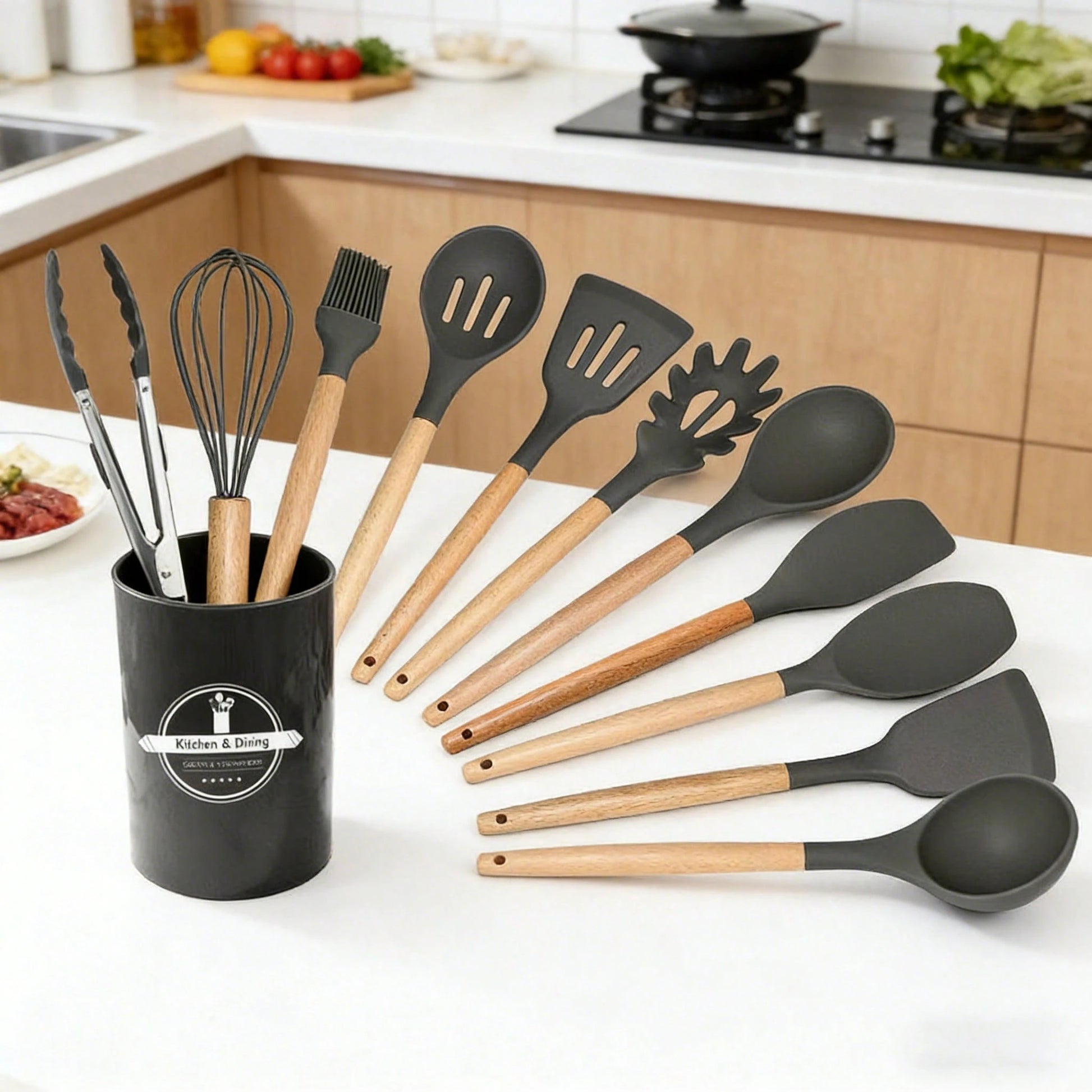 Premium 12-Piece Silicone Kitchen Utensil Set With Storage Bucket, Heat Resistant Cooking Tools With Natural Wooden Handles, Non-Scratch Cookware Accessories, Kitchen Gadgets For Home Cooking, Compati