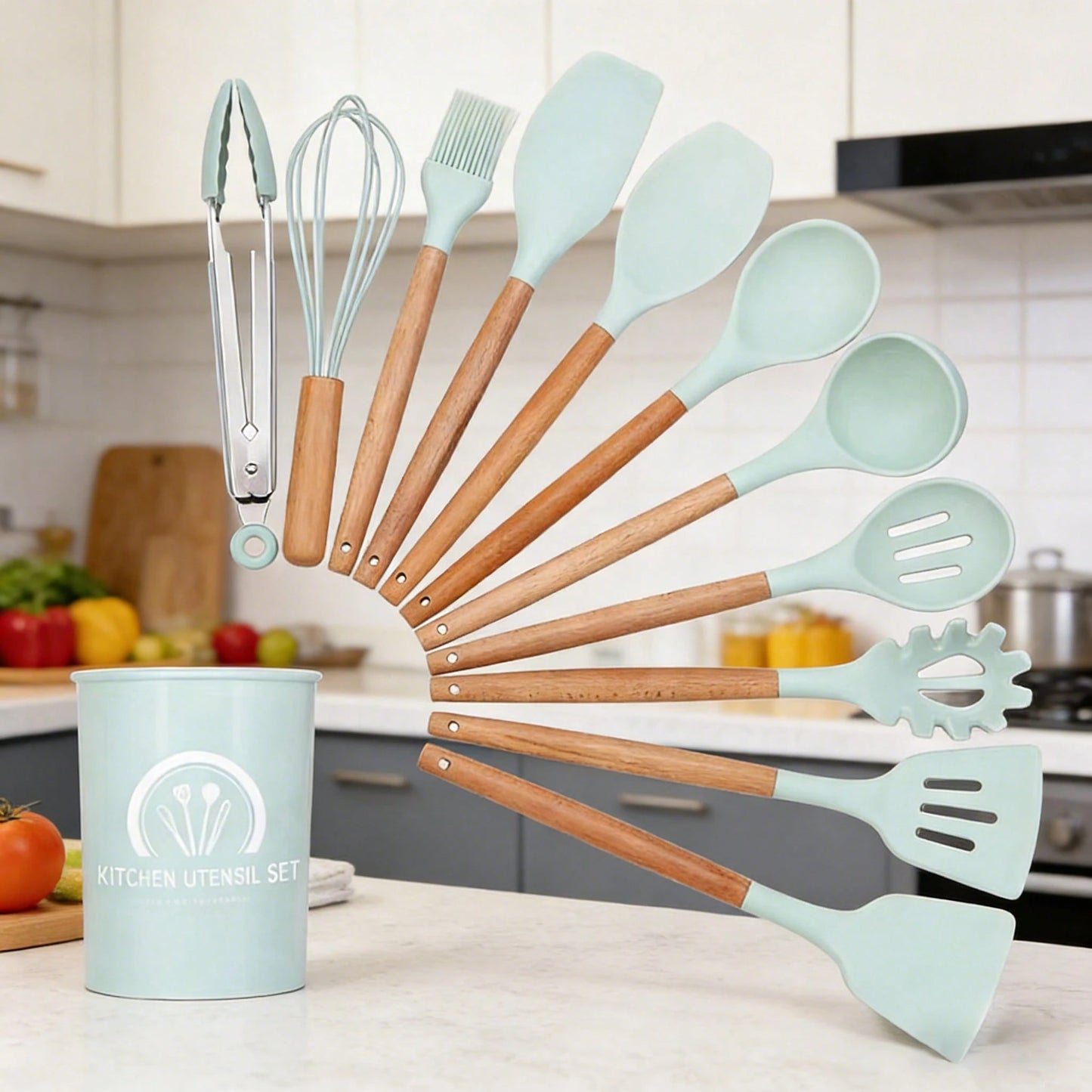 Premium 12-Piece Silicone Kitchen Utensil Set With Storage Bucket, Heat Resistant Cooking Tools With Natural Wooden Handles, Non-Scratch Cookware Accessories, Kitchen Gadgets For Home Cooking, Compati