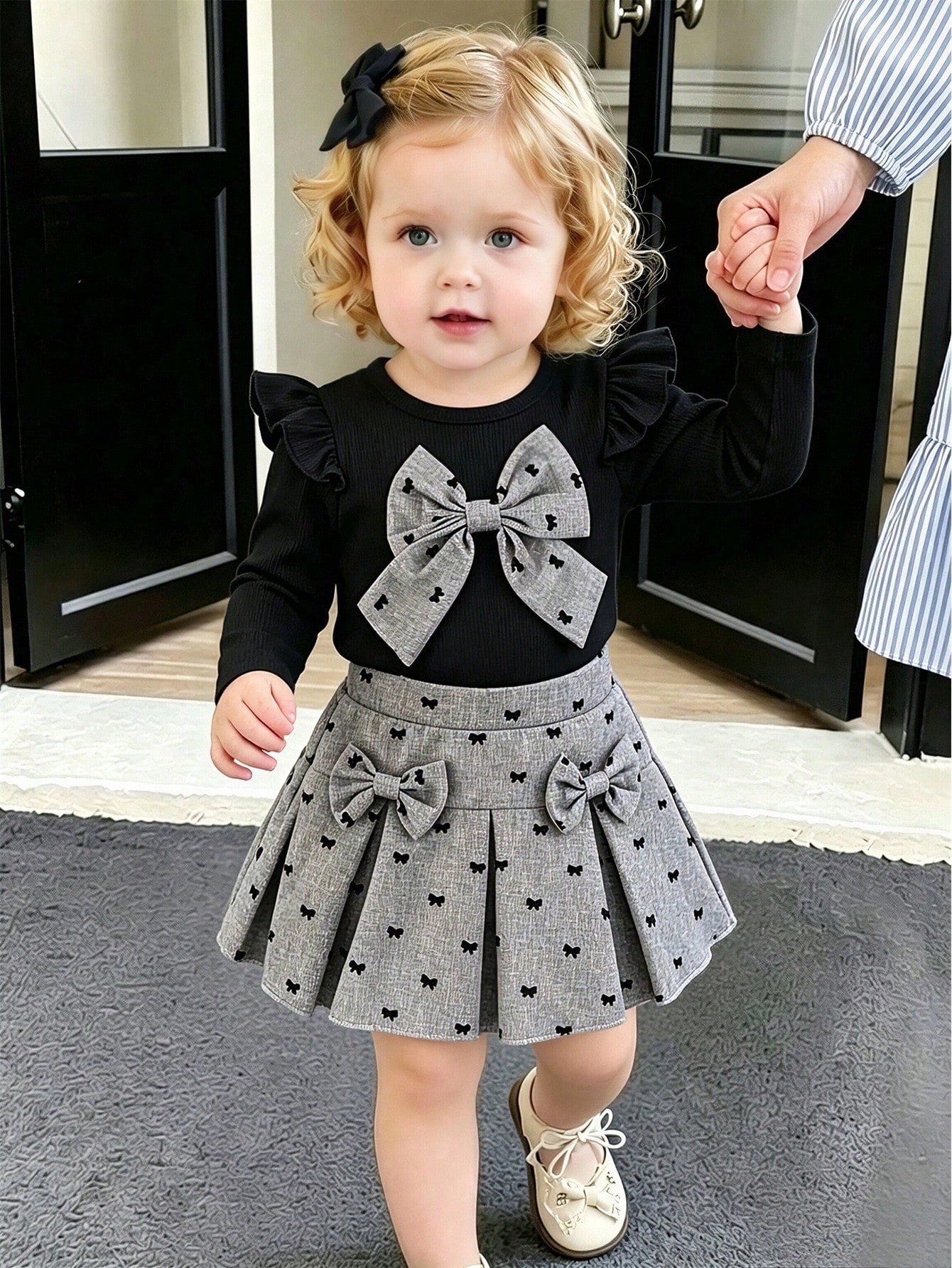 Preppy Style Baby Girl 2-Piece Set, Black Flutter Sleeve Top + Flocked Bow Print Skirt, Autumn/Winter Outfit